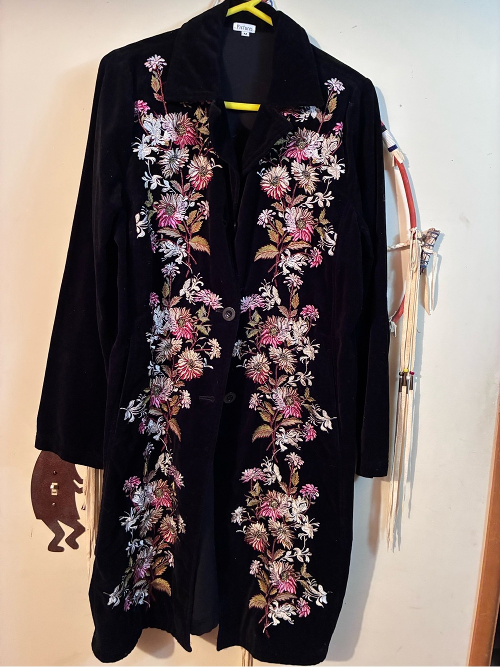 Black Velvet Coat with Pink & White Floral Embroidery